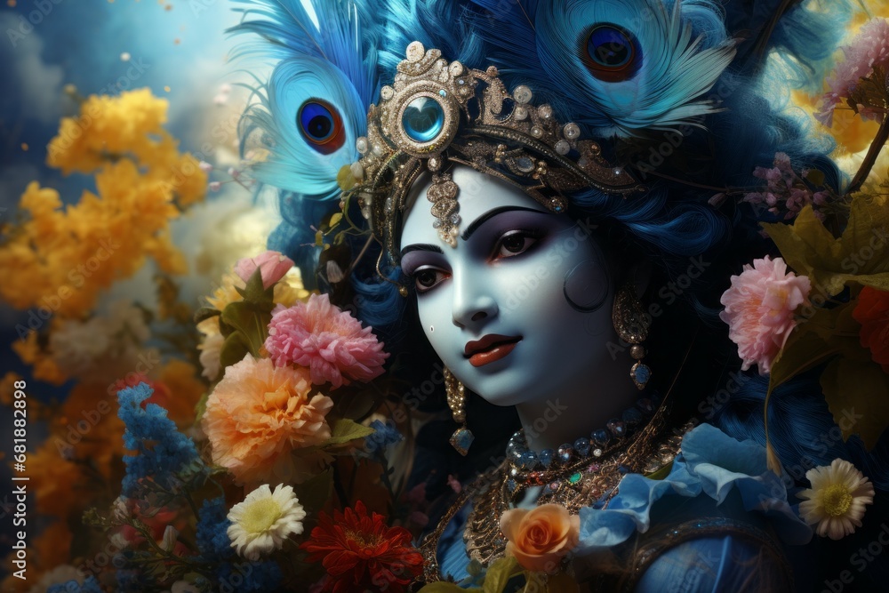 Krishna in Asian style. Religious concept with selective focus and copy space - obrazy, fototapety, plakaty 