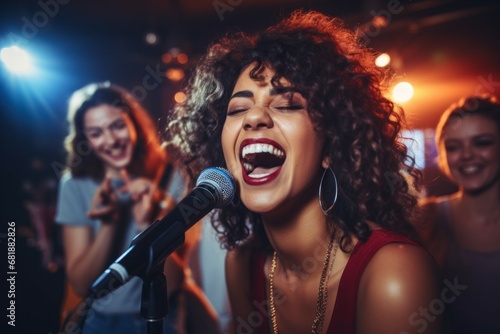 Happy woman singing karaoke. Background with selective focus and copy space