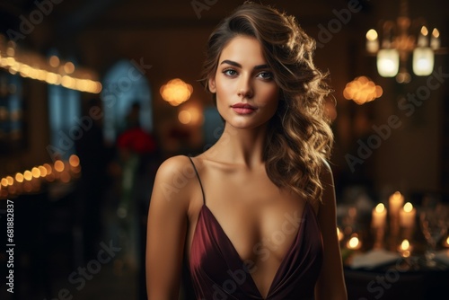 Woman in evening dress in a restaurant. Background with selective focus and copy space