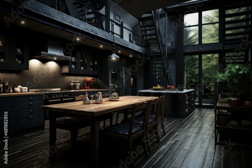 Kitchen dark interior. Home light. Generate Ai
