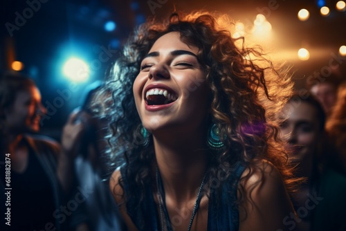 Happy woman dancing in a club. Background with selective focus and copy space