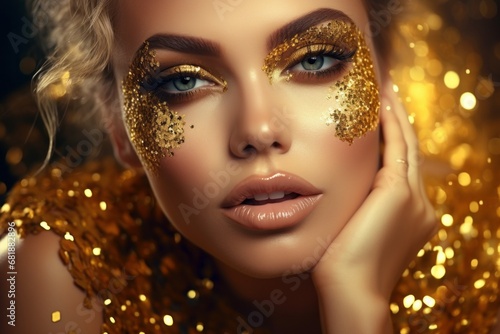 Model with gold glitter on her face. Creative portrait with selective focus and copy space
