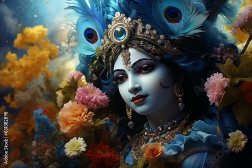 Krishna in Asian style. Religious concept with selective focus and copy space photo