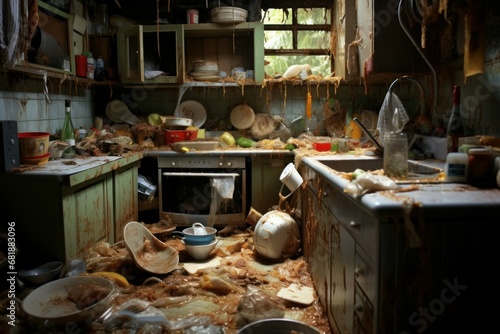 Kitchen dirty chaos. Dish sink. Generate Ai