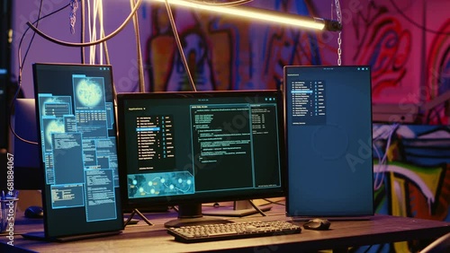 High tech computer systems running malicious code in messy empty criminals hideaway. Virus script running on PC monitors in empty neon lit warehouse used by hackers to commit illegal activities photo