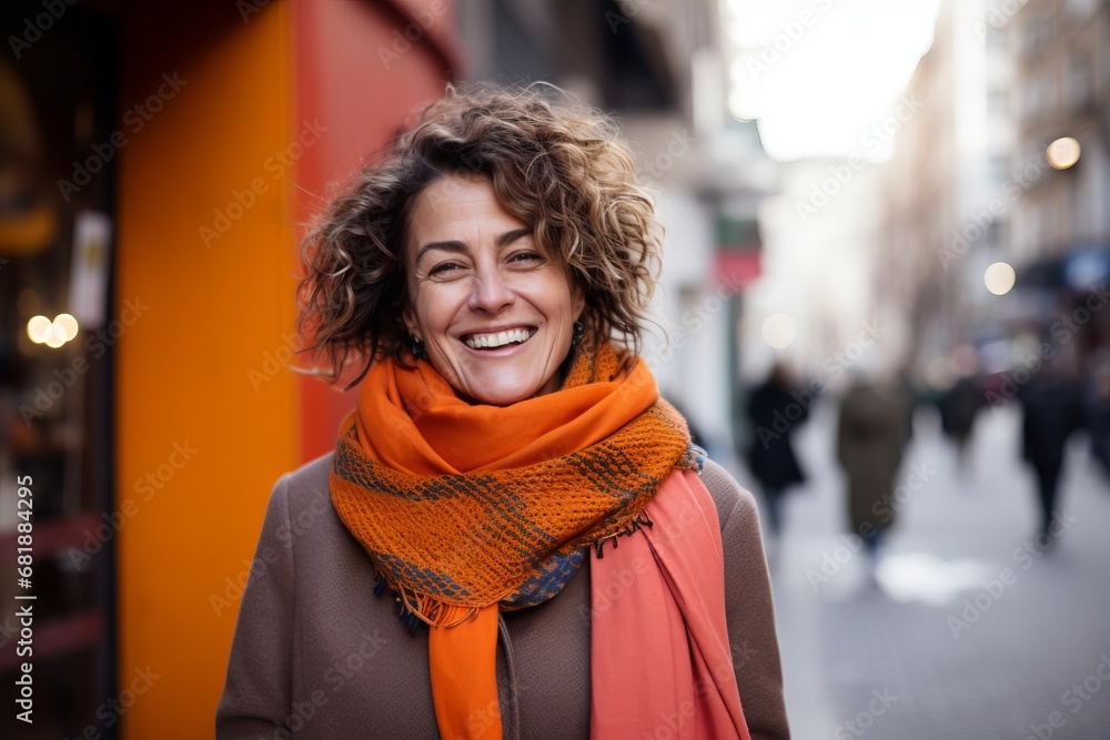 Portrait of smiling middle aged woman in scarf and coat on the street Portrait of smiling middle aged woman in scarf and coat on the street