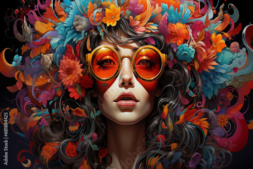 portrait of a retro woman in glasses with flowers