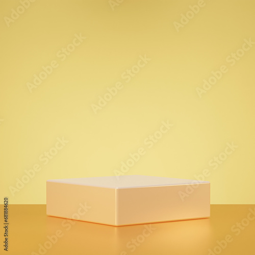 3d white box on the yellow studio background with lights.