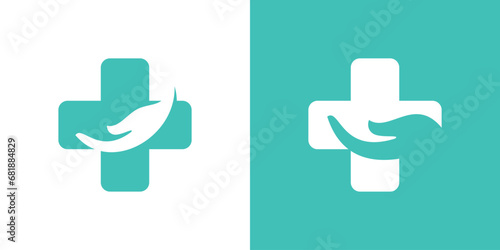 logo design combination of plus shapes with hands, health assistance.