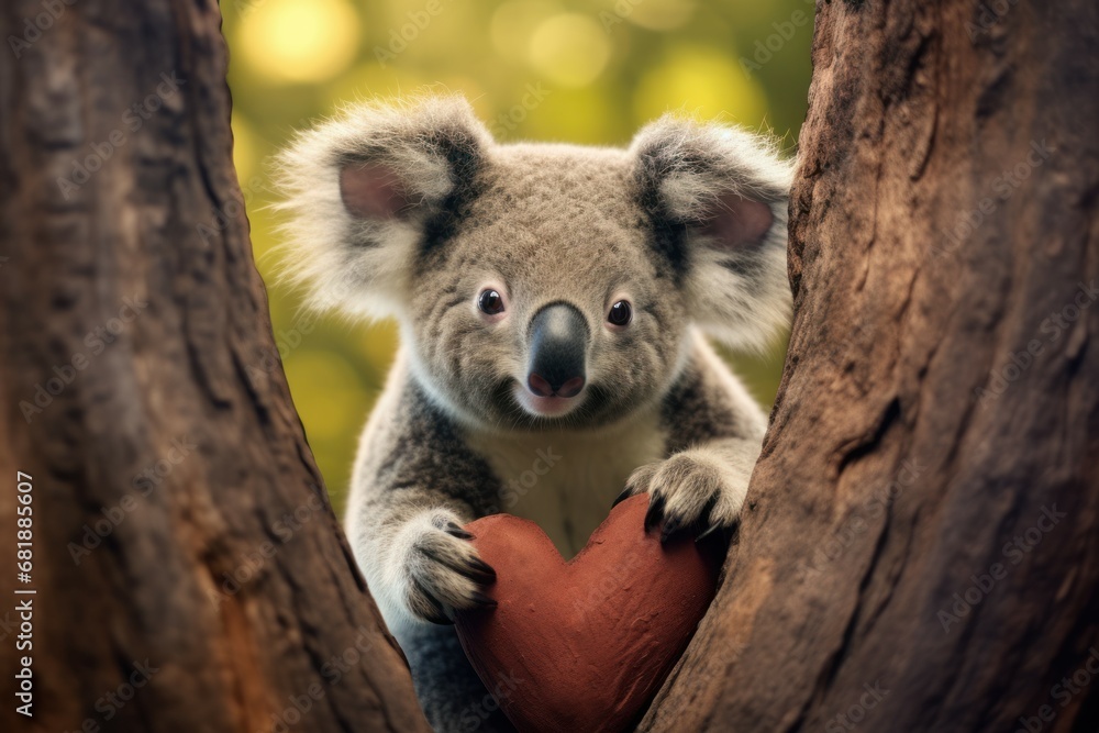 Naklejka premium Cute love koala heart. Branch food. Generate Ai