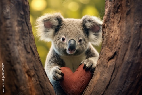 Cute love koala heart. Branch food. Generate Ai