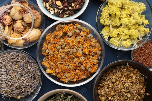 Many different dry herbs and flowers on blue table, flat lay