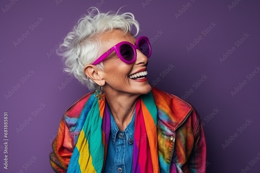 Portrait of a beautiful smiling senior woman wearing sunglasses and colorful clothes over purple background Portrait of a beautiful smiling senior woman wearing sunglasses and colorful clothes over purple background