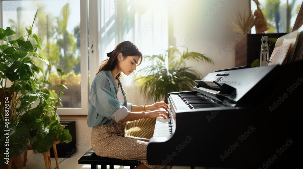 Young woman play syth at home Young woman play syth at home