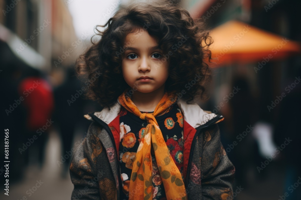 Portrait of a cute little girl with curly hair in the city