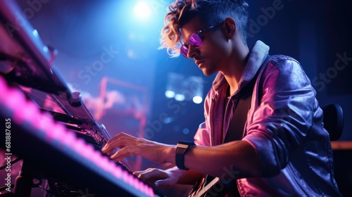 Young boy dj in club or studio play his music, pink neon light