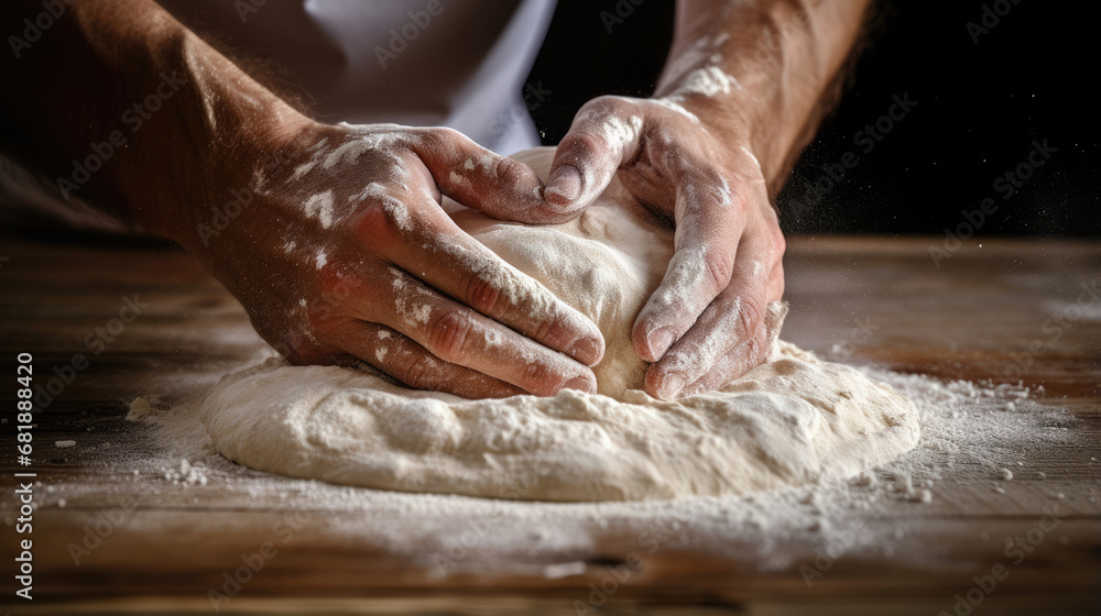 professional chef's hands knead dough with flour on a wooden table created with Generative AI Technology