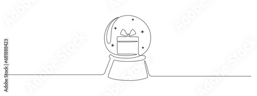 One continuous line drawing of Christmas snow globe with gift box inside. Magic glass ball for winter xmas holiday concept in simple linear style. Editable stroke. Doodle vector illustration