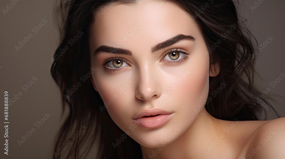 Portrait of beautiful glamorous young female model with fresh clean skin and healthy makeup for cosmetology, beauty and spa Portrait of beautiful glamorous young female model with fresh clean skin and healthy makeup for cosmetology, beauty and spa
