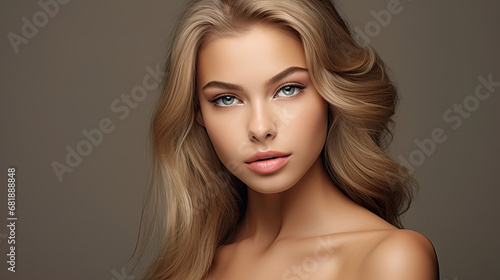 Portrait of beautiful glamorous young female model with fresh clean skin and healthy makeup for cosmetology, beauty and spa created with Generative AI Technology