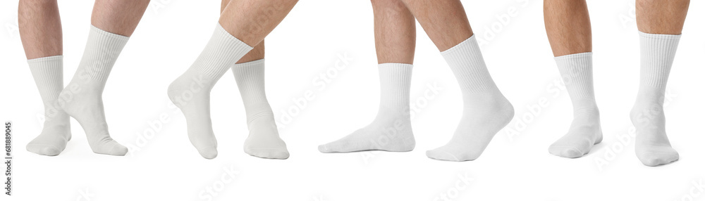 Men in stylish socks on white background, collection of photos Men in stylish socks on white background, collection of photos