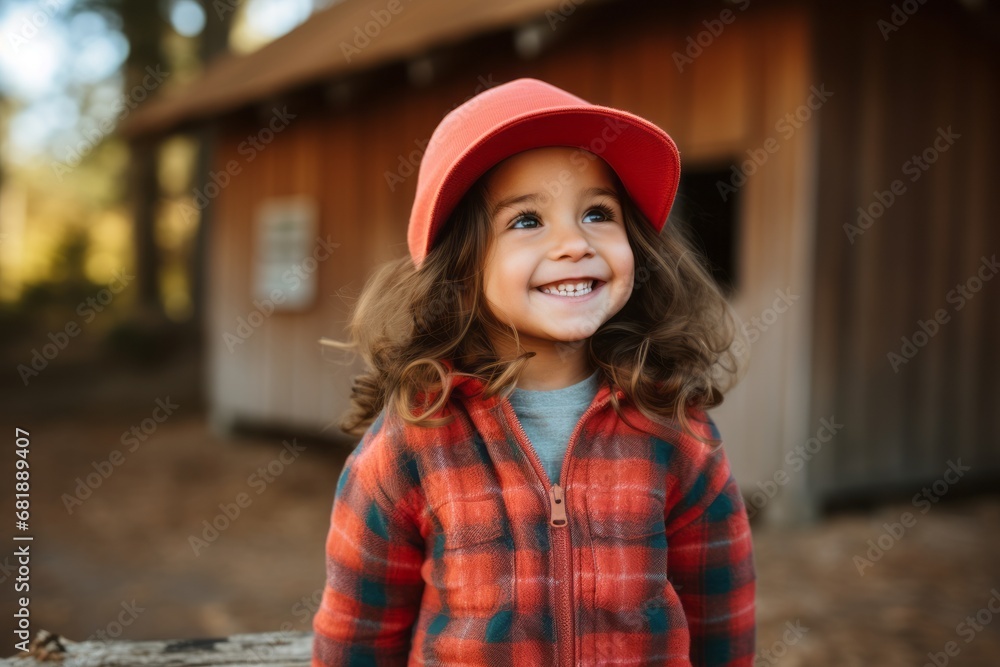 Portrait of a smiling little girl in a red cap and a plaid shirt outdoors Portrait of a smiling little girl in a red cap and a plaid shirt outdoors