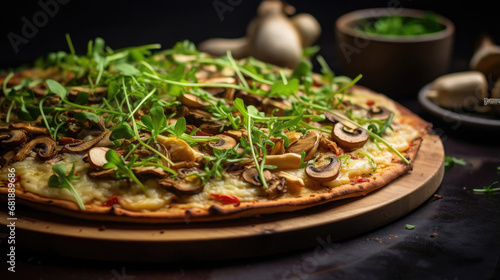 homemade vegetarian pizza made with a cauliflower base and topped with mushrooms and sunflower sprouts created with Generative AI Technology