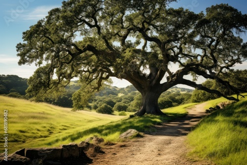 Picturesque Field landscape. Tree on horizon. Generate AI