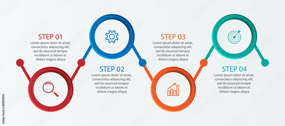 Simple infographic 4 parts or options, simple design with colorful circles and lines. icons, text and numbers, for presentations, flow diagrams and your business