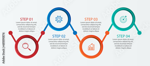 Simple infographic 4 parts or options, simple design with colorful circles and lines. icons, text and numbers, for presentations, flow diagrams and your business
