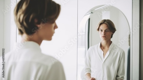 A depressed young man lookin at his reflection in the mirror  photo