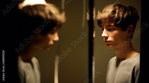 A depressed young man lookin at his reflection in the mirror  photo