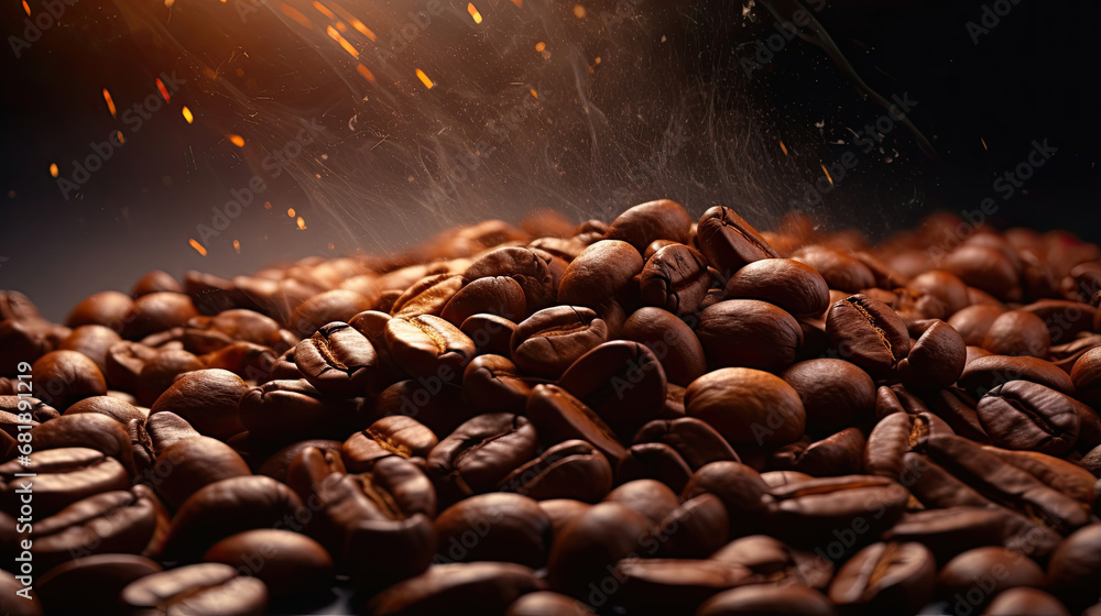 close up detail of roasted coffee beans with beautiful golden light created with Generative AI Technology - obrazy, fototapety, plakaty 