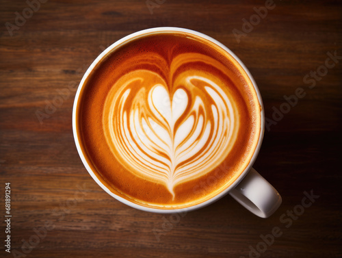 Heart design latte art coffee cup in light orange and light maroon wooden bowl created with Generative AI Technology