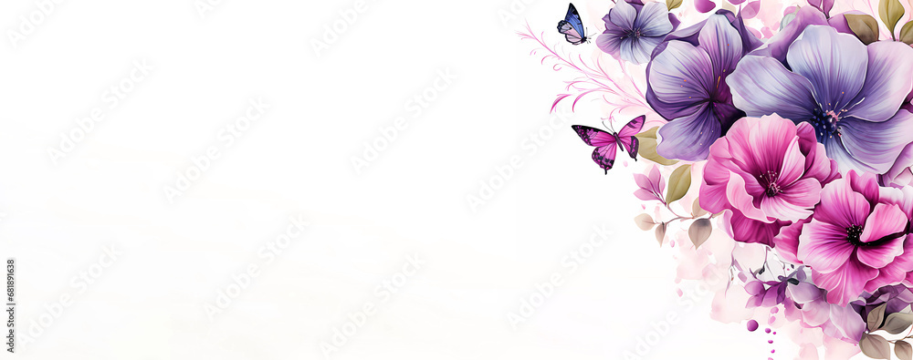 Beautiful flowers on a white isolated background. Place for text. Banner. Generated AI. Improved photoshop