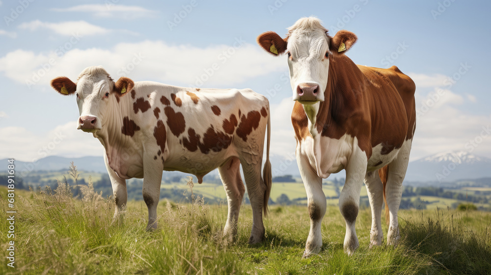 Swiss brown cows grazing in a suburban pasture meadow with icy mountains and bright blue sky on a white background created with Generative AI Technology