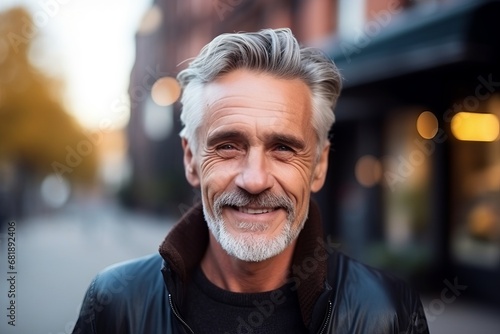 Portrait of a handsome senior man with grey hair in the city