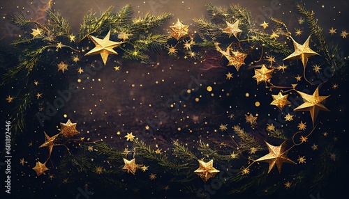 Christmas frame fir branches star golden sparkle Copy space banner design decorative glittering new year abstract background blurred tree branch bright card celebration creative december photo