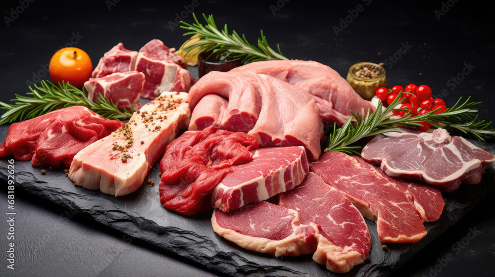 Top view of various types of  slices raw meat with spices around it on black wooden board 