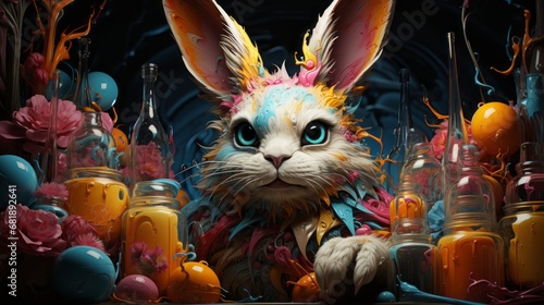 "Alchemist's Apprentice" A whimsical rabbit surrounded by potions and experiments in a magical alchemy lab.