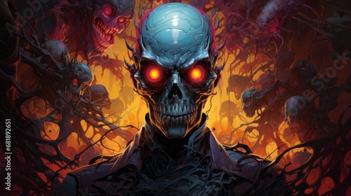"Crimson Gaze" A skull with glowing red eyes exudes a sinister presence amidst a backdrop of flames.