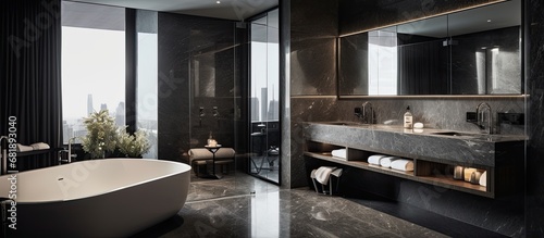 The modern interior design of the hotel room featured a sleek black marble table, glass walls, and concrete furniture to create a unique and luxurious texture withbathroom.