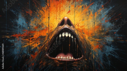"Abyssal Scream"
An open maw roars against an explosive backdrop, a vivid portrayal of primal fear.