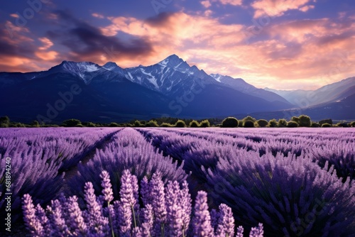 Picturesque Lavender field mountains. Spring nature sky. Generate Ai © juliars
