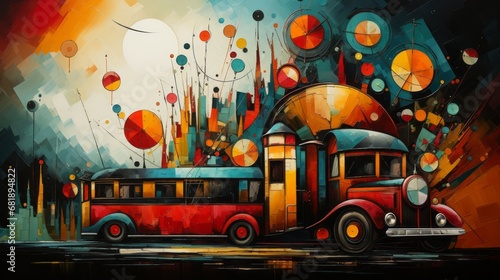 "Vibrant Voyage"
An old-fashioned bus embarks on a whimsical journey, buoyed by a kaleidoscope of floating balloons.