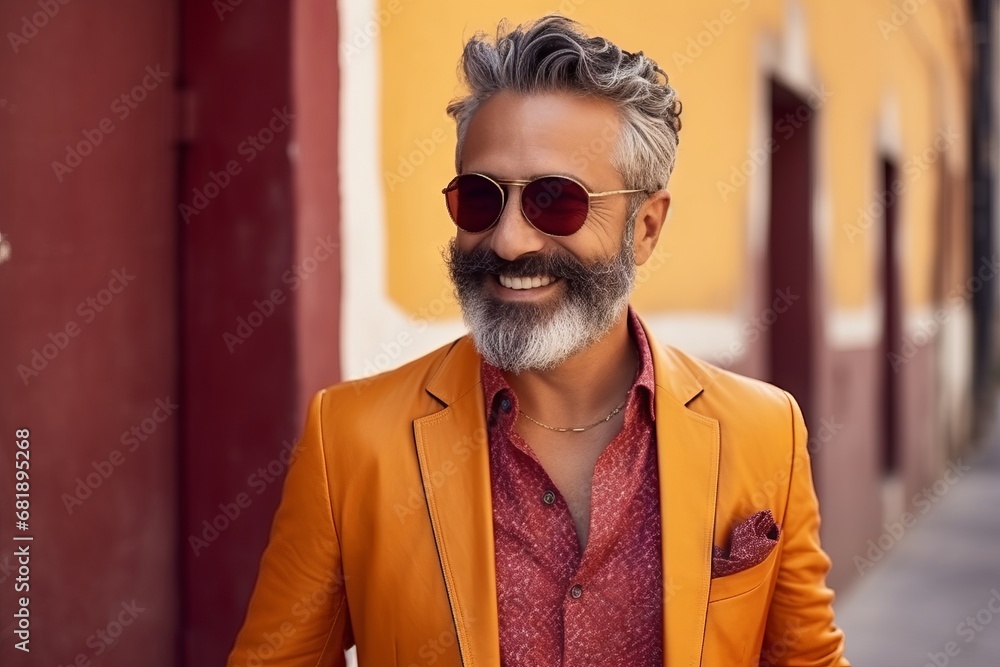 Portrait of a handsome bearded Indian man wearing orange jacket and sunglasses Portrait of a handsome bearded Indian man wearing orange jacket and sunglasses