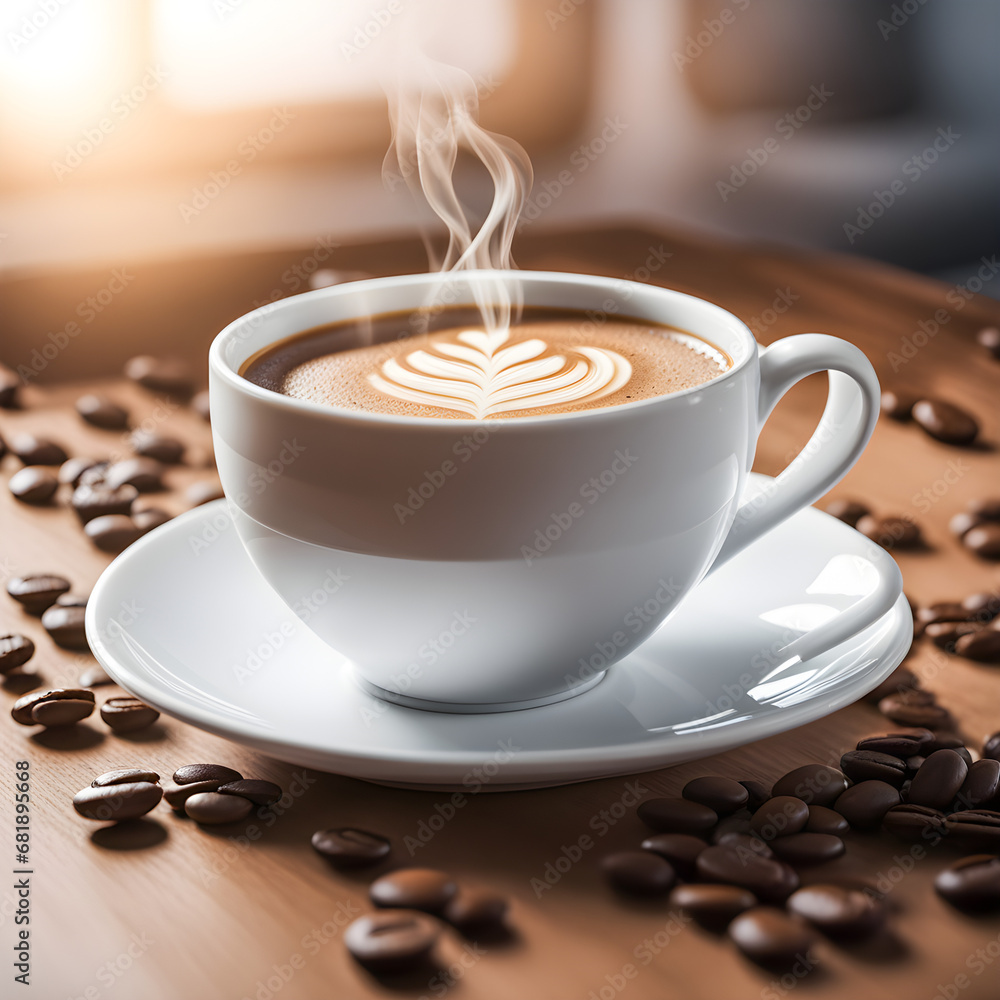 A cup of coffee with beans on a table A cup of coffee with beans on a table