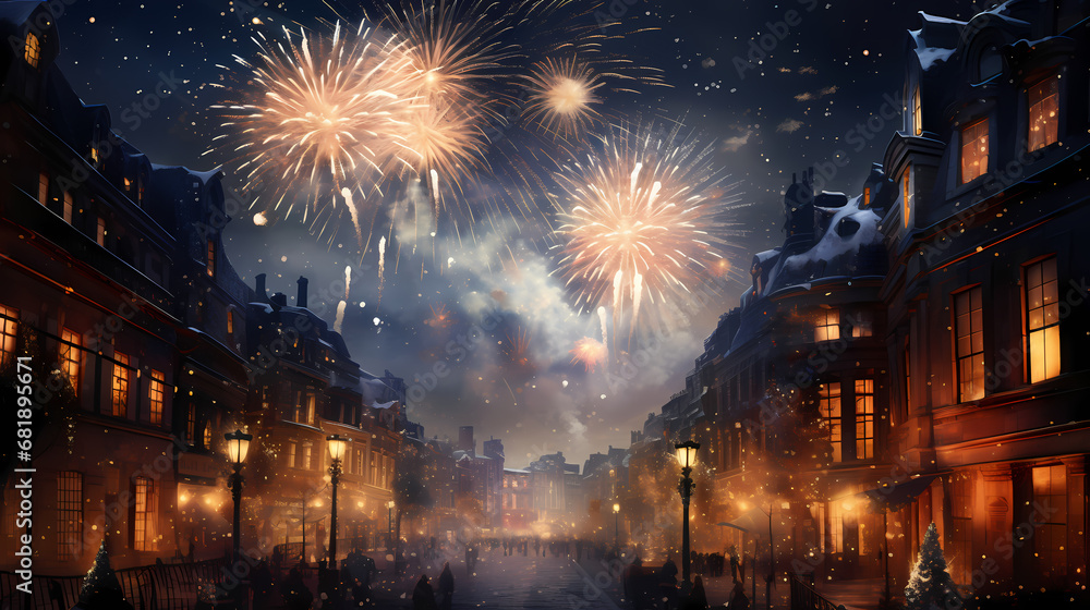 beautiful city at night with fireworks on a celebration day - obrazy, fototapety, plakaty 