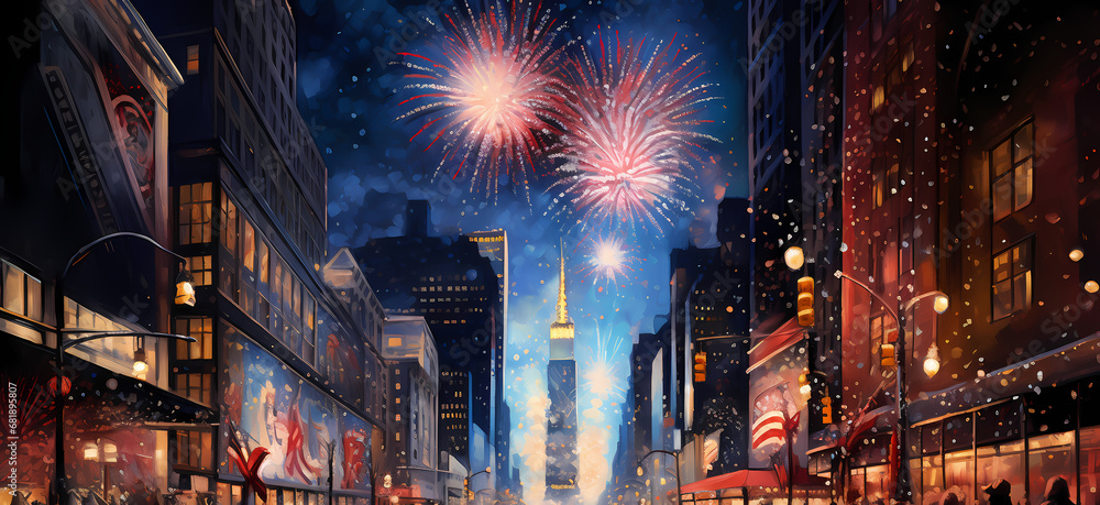 beautiful city at night with fireworks on a celebration day - obrazy, fototapety, plakaty 