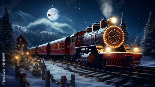 beautiful christmas train at the north pole with santa claus flying on his sleigh on christmas night photo